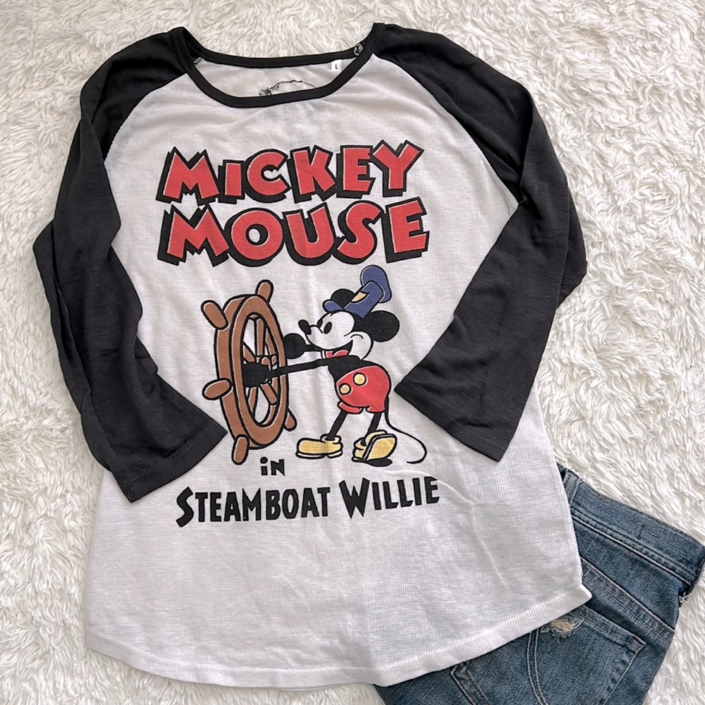 Rare MICKEY MOUSE STEAMBOAT WILLIE long sleeve TOP SHIRT Raglan Sleeve - Picture 3 of 4